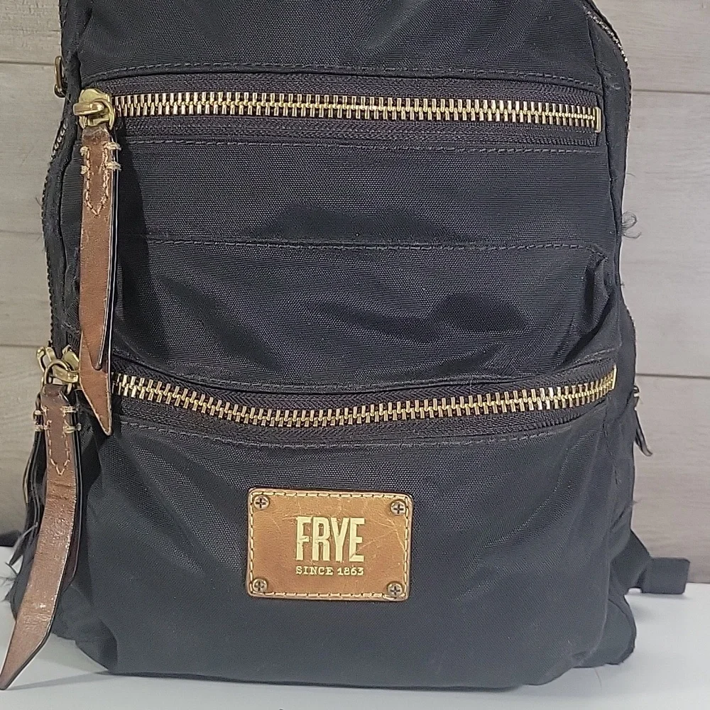 Frye Nylon Black and Brown Leather Trim Backpack with Gold Accents
